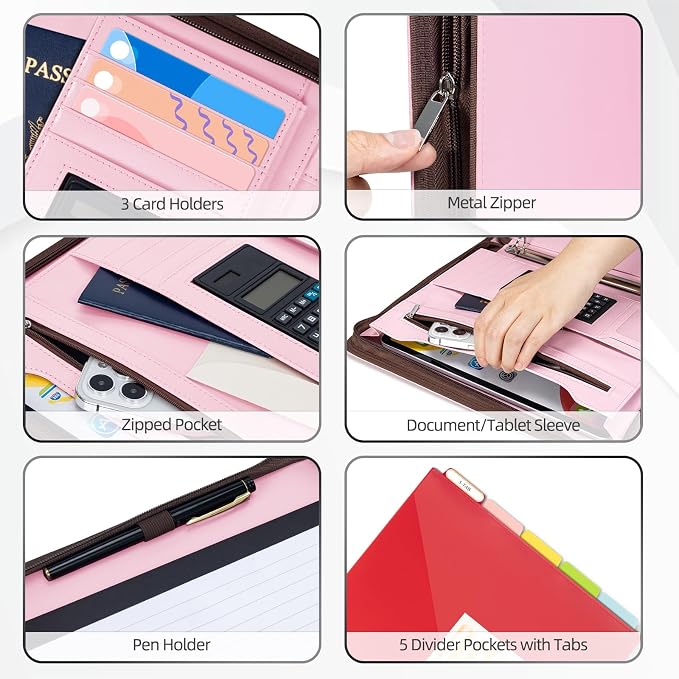 Ospelelf Pink Leather Portfolio Binder 3 Ring, Zippered Clipboard Folder with Storage - 5 Dividers with Pocket, Padfolio for Women,12.1” Tablet Sleeve, Refillable Notepad, Card Slot - Image 4