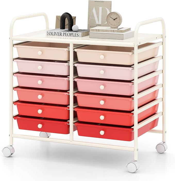 RELAX4LIFE 12-Drawer Rolling Storage Cart - Mobile Utility Cart on Wheels for School Classroom Teacher Office Salon, Paper File Art Supply Craft Organizer, Rolling Cart with Drawers (Gradient Pink) by RELAX4LIFE