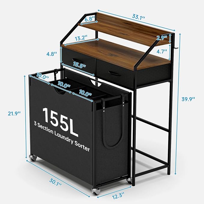 Laundry Sorter with 3 Section Pull Out Bags Rolling Laundry Basket Organizer with 2 Drawers Laundry Hamper with Shelves and Wheels for Laundry Room, Bathroom, Bedroom Organization(2 Tier) - Image 6