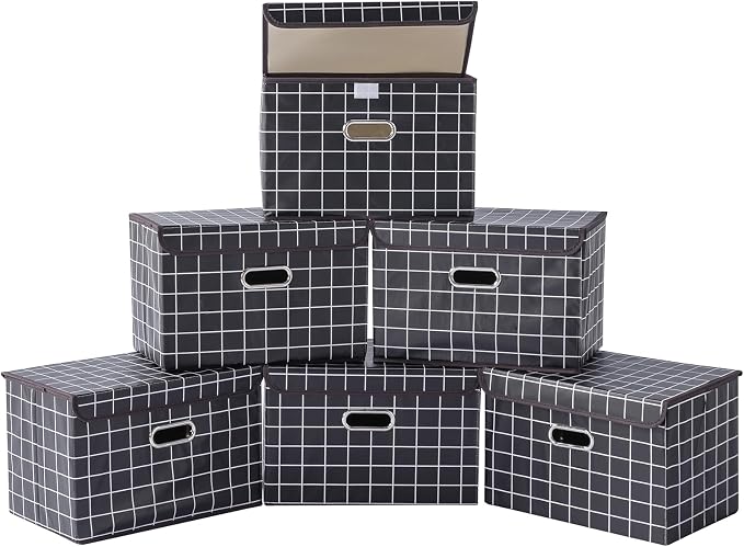 STOREONE Fabric Storage Cube Bins Foldable Organizer Container Collapsible Basket with Lids and Metal Handles, for Home, Bedroom, Closet 6 Pcs (Black grid) by STOREONE