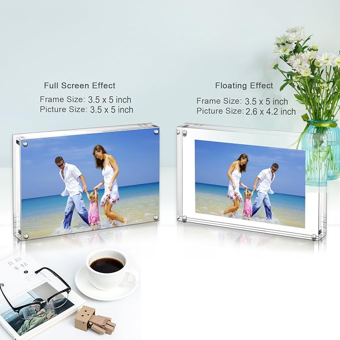 AMEITECH Acrylic Photo Frames,3.5x5'' Double Sided Magnetic Picture Frame, Desktop Frameless Postcard Display | Double Sided Floating Magnetic Frames, Free Standing Desktop Display for Postcards, Pictures and Artworks - Image 4