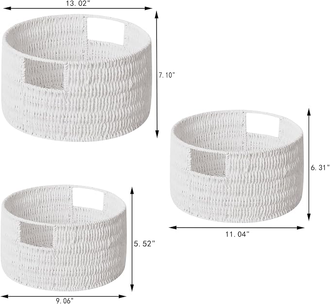 Wicker Storage Basket, Hand-Woven Paper Rope Large Round Woven Basket With Handles, Wicker Baskets for Organizing/Storage, White, 3-Pack - Image 2