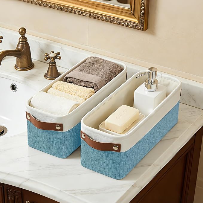 Small Fabric Storage Baskets, 15x6x5 inch Narrow Storage Bins 4-Pack Long Storage Basket for Organizing with Handles, Decorative Basket for Closets, Shelves, Toilet Paper, Teal - Image 2