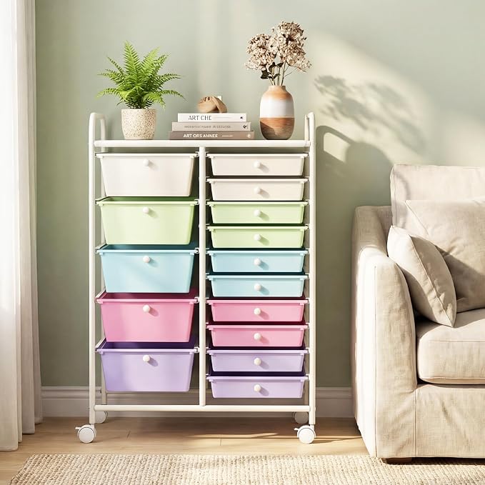 15 Drawer Rolling Storage Cart, Rolling Cart with Drawers for Classroom, Art Supply Craft Organizer on Wheel with Metal Frame & Handles for Home Office School (Ice cream color, 15 Drawer) - Image 8