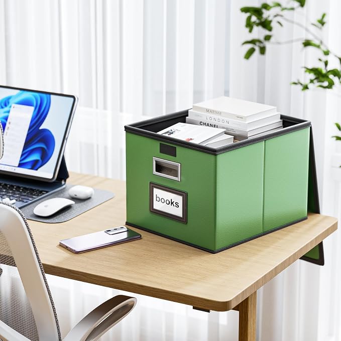 File Organizer Box with Lids, Collapsible File Folder Organizer | File Box with Plastic Slides for Document, Filing Bin for Letter Size Hanging File Folders (4 Pack, Green, Leather) - Image 2