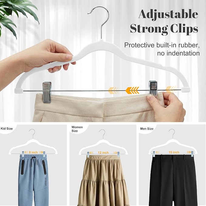 HOUSE DAY Velvet Skirt Hangers 24 Pack, White Velvet Hanger with Adjustable Clips, Space Saving Slim Pant Hangers, Heavy Duty Non Slip Clip Hanger for Pants, Skirts, Shorts | Velvet Hanger with Adjustable Clips, Space Saving Velvet Pant Hangers, Heavy ... - Image 6