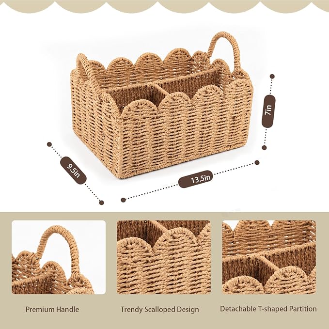 Diaper Caddy Organizer, Paper Rope Storage Baskets Nursery Bin with Removable Divider, Woven Scalloped Portable Car Organizer for Diapers, Baby Shower Gifts, Newborn Essentials Must Haves - Image 3