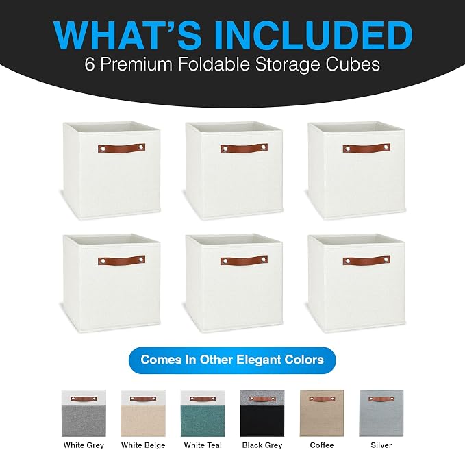13x13 Storage Cubes - 6 Pack - Linen Fabric 13 Inch Cube Storage Bins for Bedroom, Living Room, Clothes and Toys; Foldable, Dual Leather Handles - Image 2