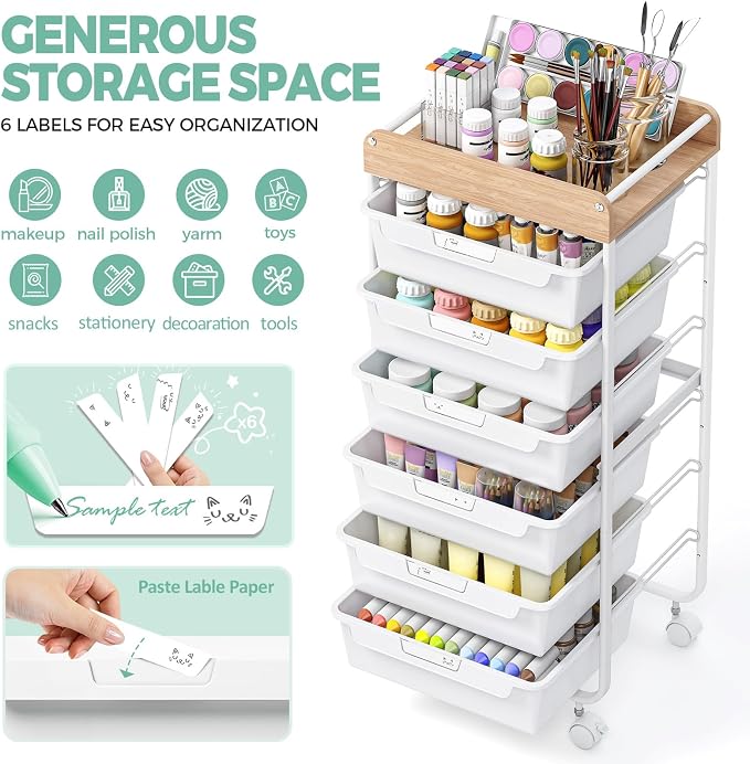 SYKIARIOL Rolling Cart with 6 Drawers,Art Craft Organizer and Storage,White | Utility Storage Cart with Drawers,Makeup Organizer With Wooden Tabletop - Image 3