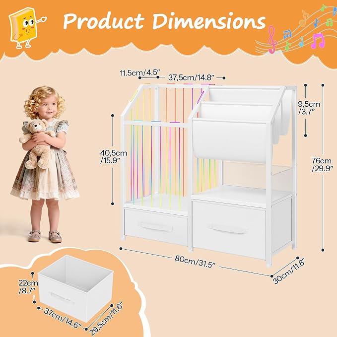 HOOBRO Kids Bookshelf and Toy Storage Organizer, Stuffed Animal Storage with Sling Bookshelf and Non-Woven Fabric Drawers, Children Bookcase for Nursery, Playroom, Kids Room, White WT37CW01 - Image 3