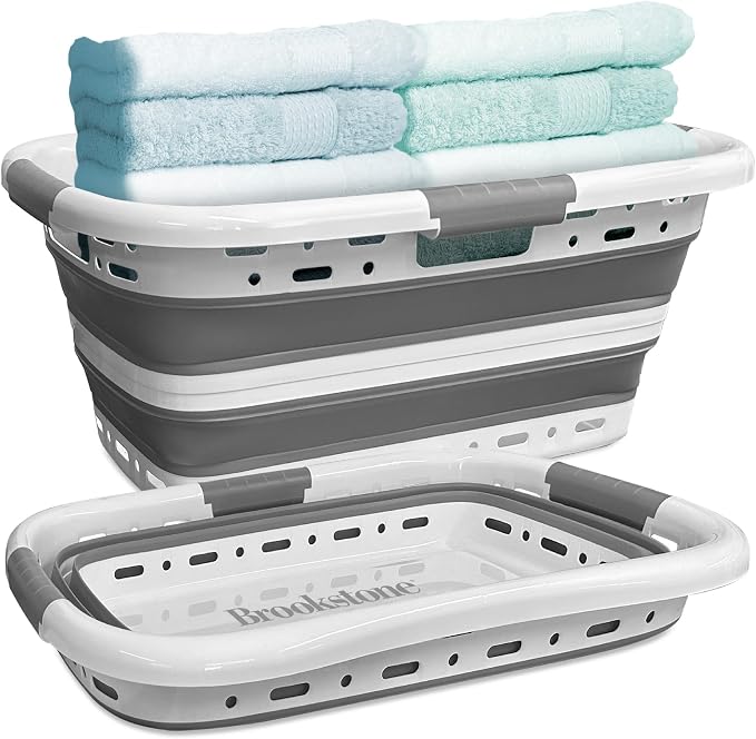 Brookstone 11 Gal Collapsible Laundry Basket With 3 Handles, Hip Hugger Design, Non-Slip Comfort Grip, Lightweight BPA-Free Space Saving Pop-Up Hamper, 24 In, Portable and Sturdy, Light Gray by Unknown