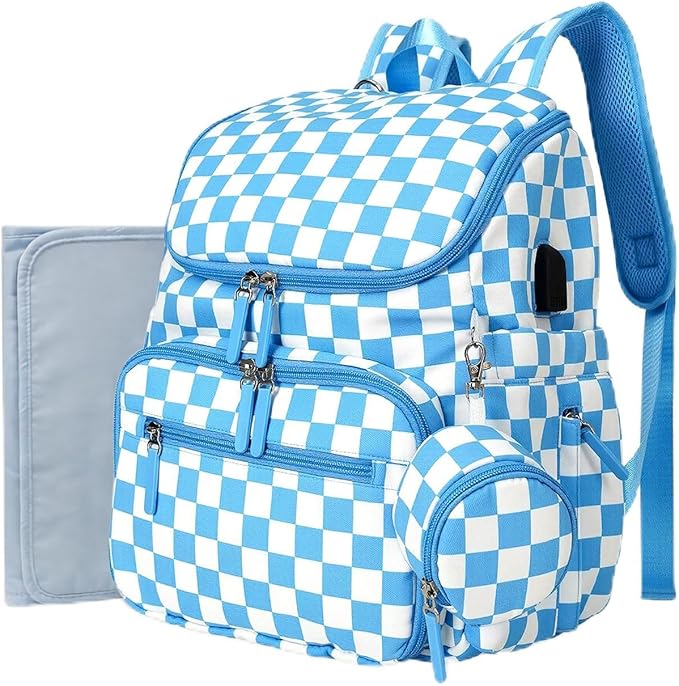 FHELAD Checkered Diaper Bag Backpack with Changing Pad & Stroller Clips | Baby Diaper Bag, Baby Shower Gifts, 4 Insulated Bottle Holders, Wet Wipe Pocket, Luggage Strap by FHELAD