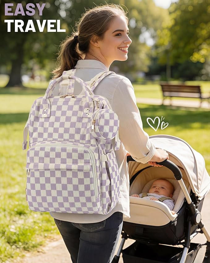 Corduroy Diaper Bag Backpack, Large Capacity Multifunction Baby Diaper Bags for Women, Insulated Bottle Pockets & Pacifier Case, Stylish Travel Nappy Changing Bags for Mom Dad (Checkered Purple) - Image 8