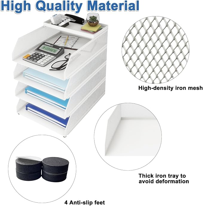 Natwind 4-Tier Stackable Metal Mesh Desk Paper Tray Organizer,White | Desktop Accessories for Office Supplies, Letter Tray For Paper Storage ,File Document Holder For Home School Classroom - Image 3