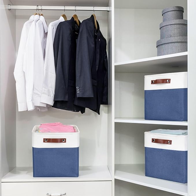 Collapsible Fabric Storage Cubes 11x11 Cube Storage Bins, 4 Pack Closet Baskets Box with Handles for Organizing, Shelf, Toys, Clothes, Home, Office, Nursery (Navyblue&White) - Image 3