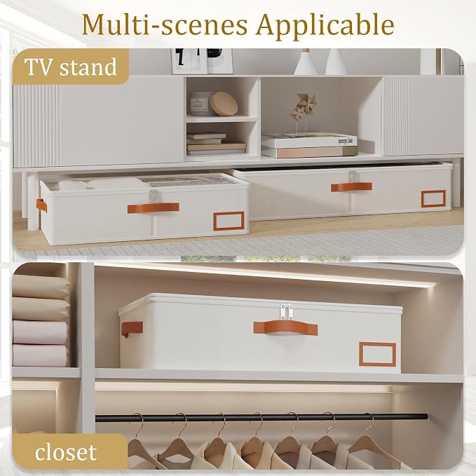 Yawinhe Under Bed Storage, 1 Pack Underbed Storage Box, Collapsible Storage Bag, with Sorting card slot and 4 Leather Handles, for Blanket, Bedding, 23.6''Lx11.8''Wx6''H, Beige | Underbed storage bag with clear window, clothes storage with classificati... - Image 5