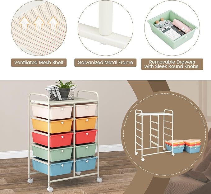 RELAX4LIFE Rolling Storage Cart with 10 Drawers - Craft Storage Cart with Lockable Wheels,Utility Cart, Art Cart Organizer for Crafting Storage, Studio, Office, Home, School Rolling Drawer Cart - Image 5
