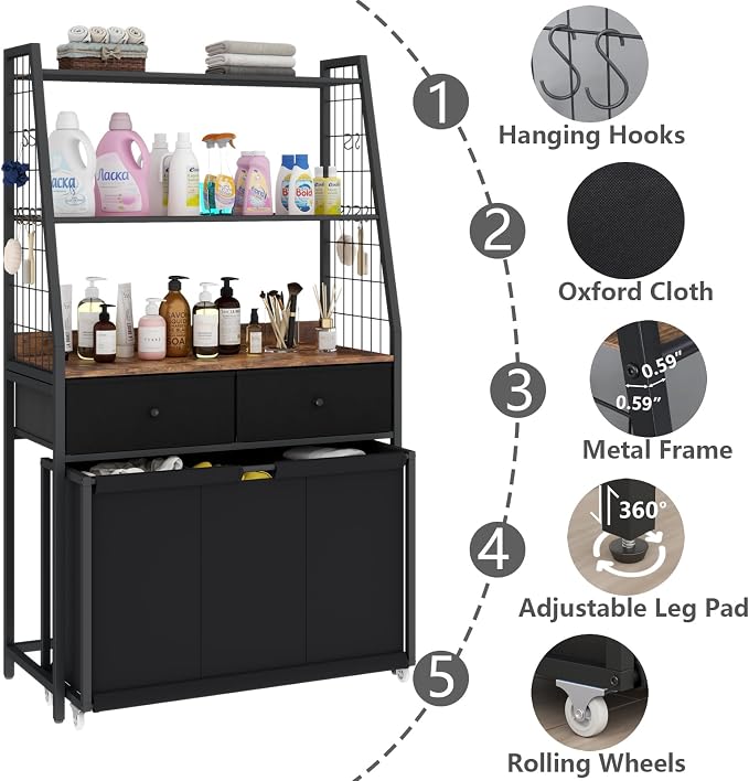 STIKELY Laundry Hamper Laundry Basket with 3 Section Pull-Out Rolling Bags & 2-Tier Storage Shelf, Laundry Sorter for Organization and Storage with 2 Drawers for Laundry Room, Bathroom - Image 8