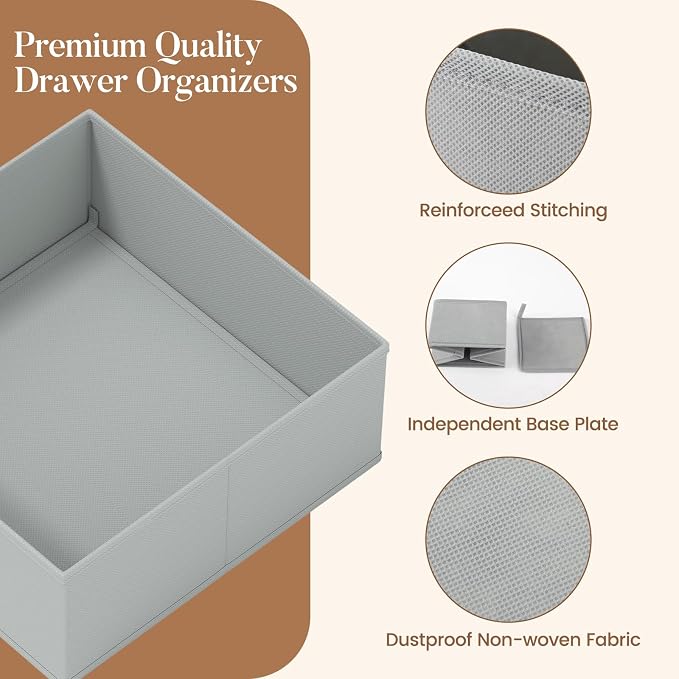 Drawer Organizer Clothes 21 Pack Washable Fabric Closet Storage Bins Flat Bottom Board Dresser Dividers for Bedroom Wardrobe Nursery Clothes Socks Underwear Bins, Grey - Image 5