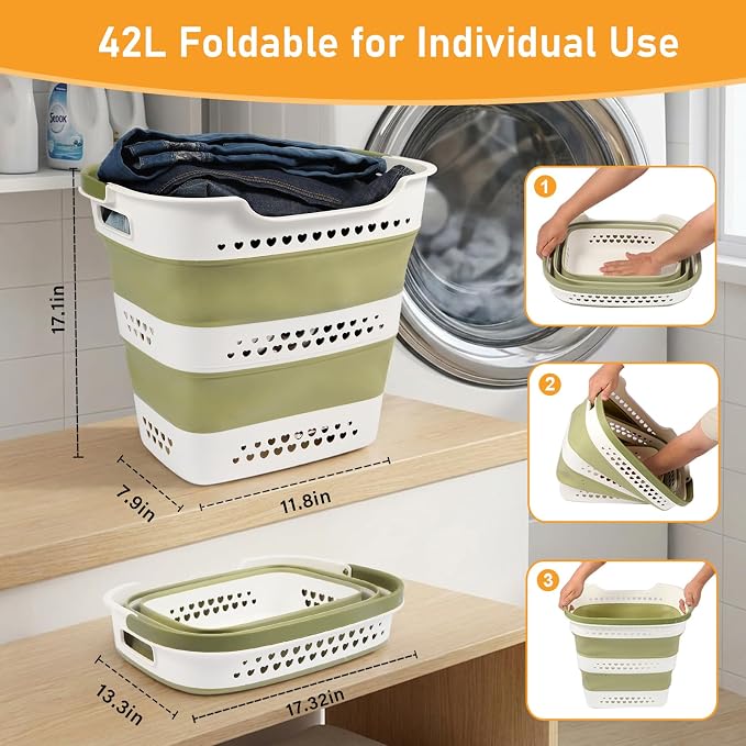2 Pcs 42L/11.2 Gal Collapsible Laundry Basket - Foldable Plastic Pop Up Hamper with Handles, Space-Saving Storage Organizer for Wet & Dry Clothes, Ideal for Home, Dorm and Apartment Use Green - Image 3