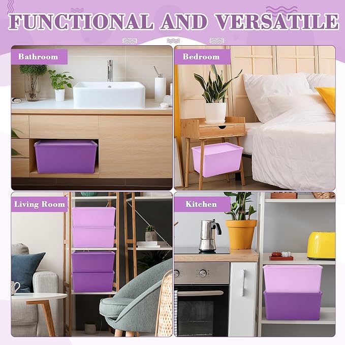 4 Pcs Storage Bins with Lids, Dark Purple, Light Purple, Small | Plastic Stackable Organizing Containers, Heavy Duty Storage Boxes for Classroom Room Shelves, Christmas Ornaments Baskets - Image 5