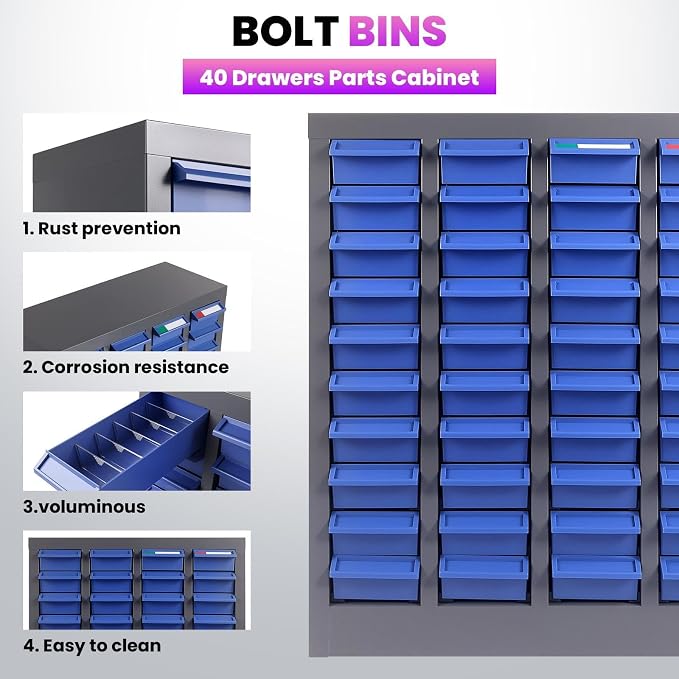 40-Drawer Parts Cabinet, Bolt Organizer with ABS Drawers & Dividers, Steel Bolt Bins, Nut and Bolt Organizer for Garage, Workshop, Home and Office (40 Drawer) - Image 5