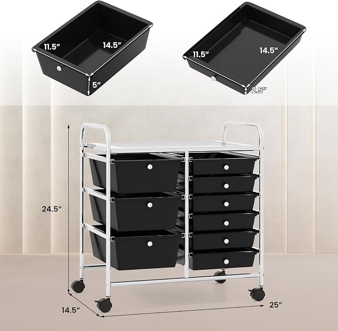 RELAX4LIFE 9 Drawer Rolling Storage Cart - Mobile Drawer Carts for Craft Art Supply Paper Salon, Utility Cart on Wheels for Classroom Teacher School Office, Rolling Cart with Drawers (Black) - Image 3