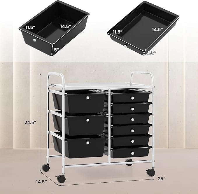 COSTWAY Rolling Storage Cart with 9 Drawer, Utility Cart with Metal Frame | Mobile Art Supply Craft Organizer, Multipurpose Storage Organizer for Paper, Office, School Teacher, Classroom, Black - Image 3