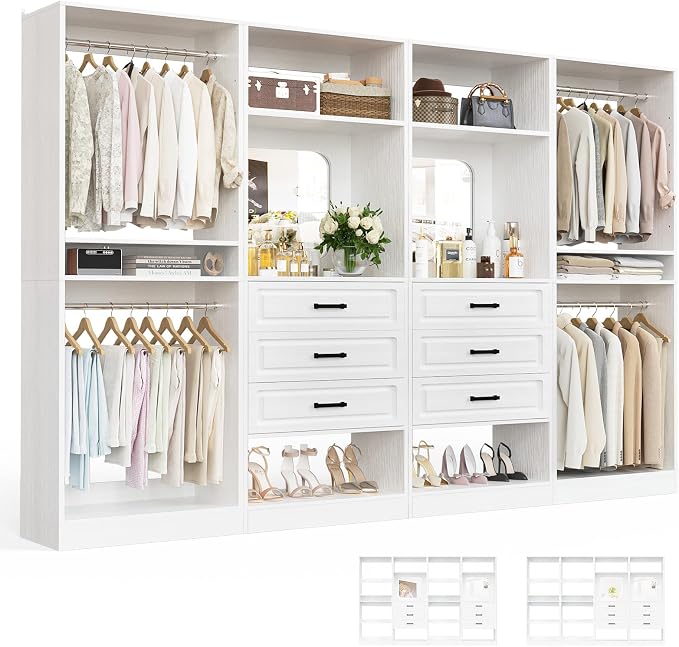 Unikito 100" Wood Closet System with Drawers and Mirror, White | Large walk in wardrobe organizer with hanging rods and adjustable shelves, sturdy freestanding garment rack tower. by Unikito