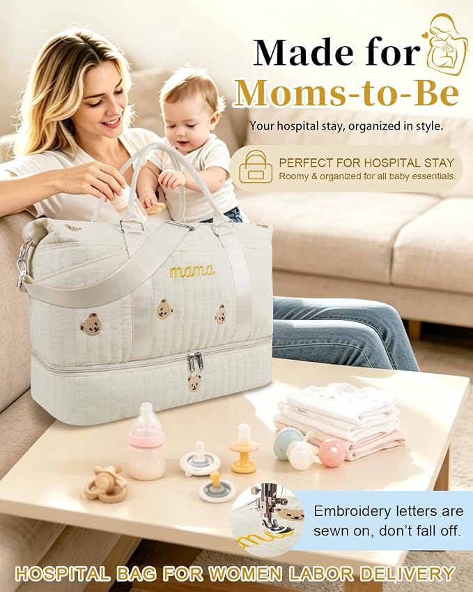 Mama Maternity Hospital Bag Essentials for Women Labor Delivery Baby Diaper Organizer with Shoe Compartment & Toiletry Pouch Travel Duffle Bag for Pregnancy Mommy Weekender Overnight Gifts,Beige Bear - Image 2