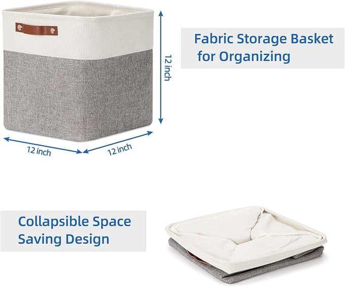 Temary 12 Inch Storage Baskets Foldable Fabric Storage Cubes 4PCs Storage Bins Organizer with Handles, Baskets for Organizing Clothes, Towels (White & Grey, 12 x 12 x 12) - Image 7