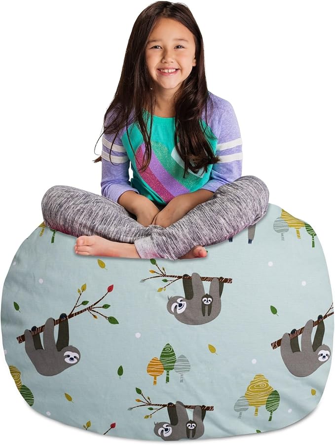 Posh Creations Kids Stuffed Animal Storage Bean Bag Chair Cover - Childrens Toy Organizer, Large-38in, Canvas Sloth and Trees by PoshCreations