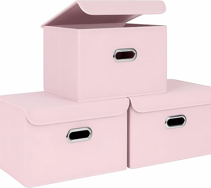 STOREONE Fabric Storage Cube Bins Foldable Organizer Container Collapsible Basket with Lids and Metal Handles, for Home, Bedroom, Closet 3 Pcs (multicolour-light pink) by STOREONE