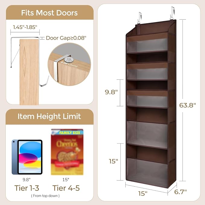 5 Tiers Over Door Organizer with 10 Mesh Side Pockets, 44 lbs Weight Capacity Hanging Storage Organizer with Clear Window Kids Toys, Shoes, Diapers, Dark Brown - Image 8