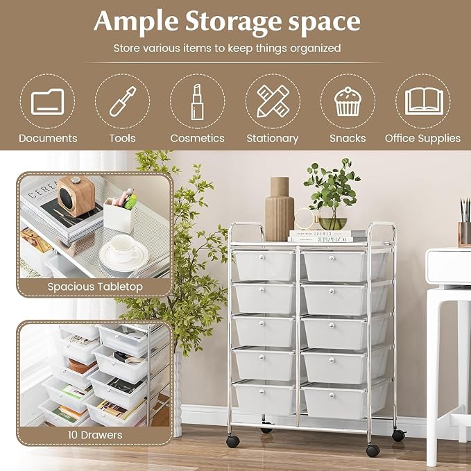 10 Drawer Rolling Cart, Storage Cart Organizer on Wheels, Drawer Cart with Metal Frame & Large Storage Capacity, Rolling Cart with Drawers for Living Room Classroom, Office - Image 5