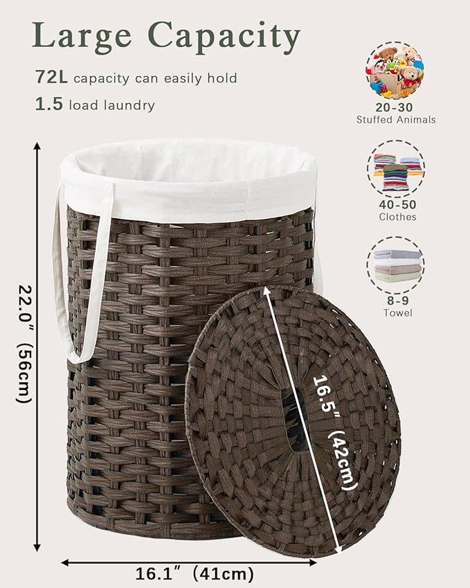 SETVSON Laundry Hamper with Lid, 19.0 Gal (72 L) Round PE Rattan, Brown | 72L Woven Hamper with Lid, Removable Washable Liner Bag, 2 Mesh Laundry Bags, Strong Steel Frame, Foldable Long Handles - Image 4