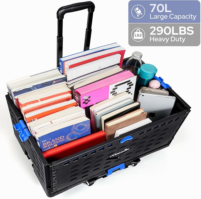 KEDSUM 2 in 1 Rolling Cart with Durable Removable Crate, 290 LBS/70L Capacity Collapsible Rolling Crate with Lid for School, Craft, Office & Garden, on 4 Rotate Wheels - Image 3