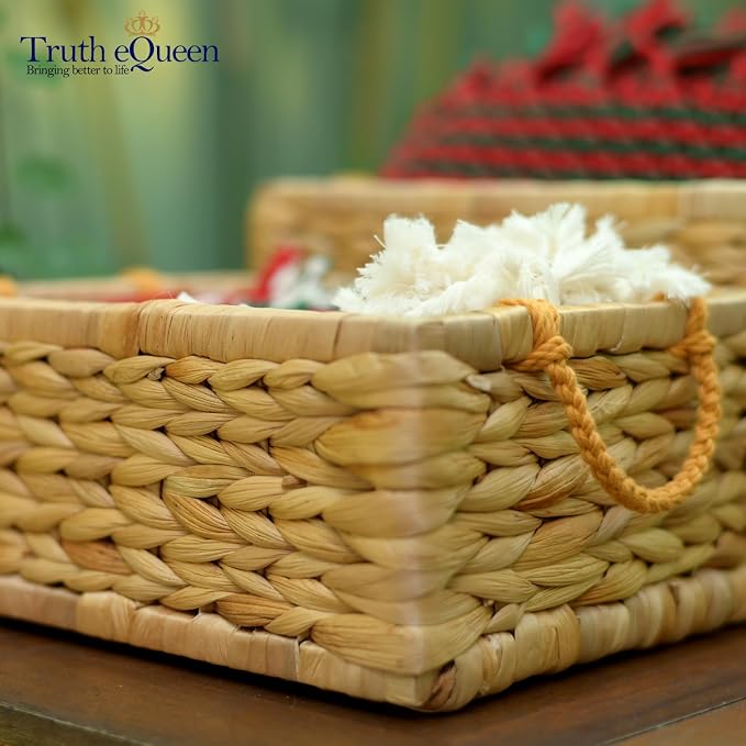 Water Hyacinth Storage Baskets For Organizing, Wicker Baskets For Storage With Macrame Handle, Small Woven Basket Small Wicker Blanket Basket For Organizing, Rectangular Woven Blanket 12x9x5 In - Image 2