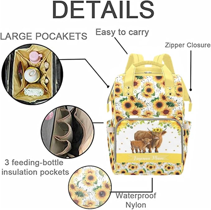 Custom Sunflower Cow Diaper Bag for Women, Personalized Name Multifunction Nylon Nursing Mommy Daypack with Large Capacity for Travel, Birthday Mother Gift - Image 5
