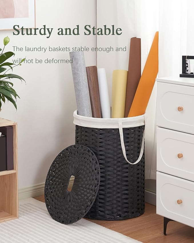 SETVSON Laundry Basket with Lid Round 29.1 Gal PE Rattan, Black | Family Clothes & Blanket Trunk with Lid, Removable Liner Bag with Handles, 2 Mesh Wash Bags, Collapsible Steel Frame - Image 6
