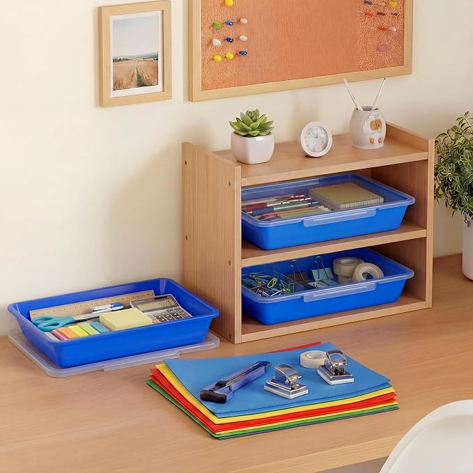 12 Pcs Classroom Paper Storage Bins with Clear Latching Lid, Label Stackable Letter Size Flat Tray Container for Teacher Back to School Supplies Home Office Desk Arts Crafts (Blue,13x10in) - Image 6