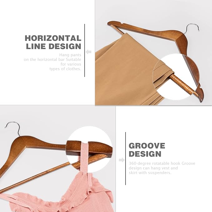 HOUSE DAY Premium Wooden Hangers 10 Pack, 17.5" Smooth Wood Clothes Hangers | with Non-Slip Pants Bar, Shoulder Notches, 360° Swivel Hook for Suits, Coats, Shirts and Dresses, Walnut - Image 3