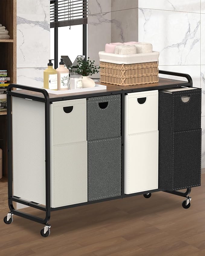 Laundry Sorter 4 Section,Laundry Basket with Wheels,4×15.8 Gal (60L) Laundry Hamper Organizer with Large Wooden Desktop Sorter,Pull-Out and Removable 900D Oxford Fabric Laundry Bags for Laundry Room - Image 8
