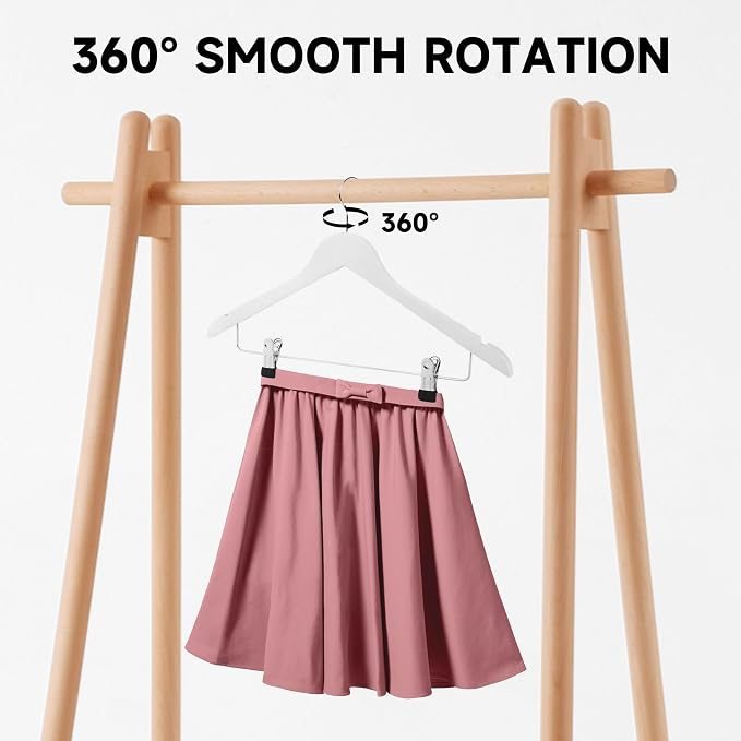 Wooden Hangers with Adjustable Metal Clips, 12-Pack, White | Solid Wood Hangers with 360° Rotatable Hook for Skirt, Dress, Coats, Jacket and Pants, Space-Saving and Non-Slip Design - Image 3
