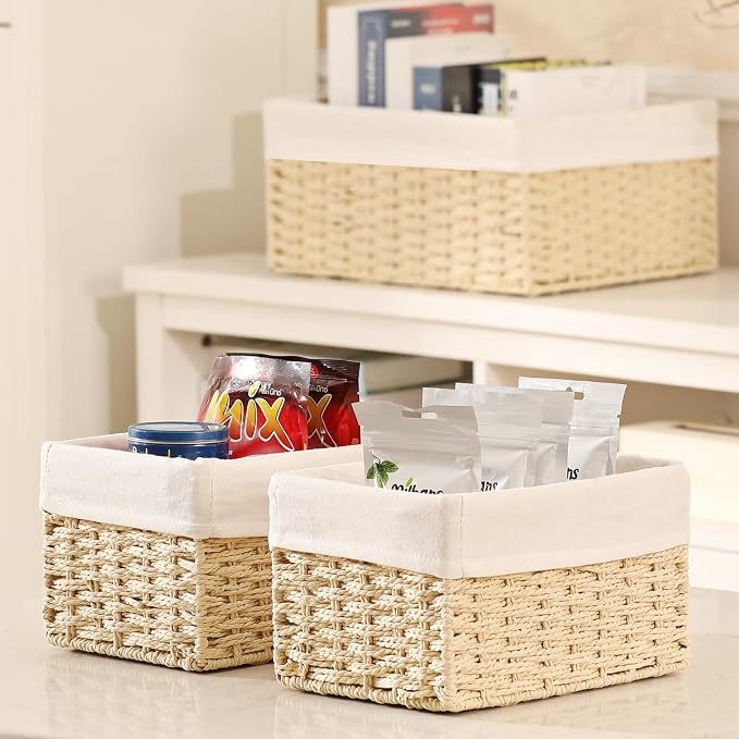 Wicker Basket, Set of 3 Hand-woven Storage Baskets for Organizing, Decorative Bathroom Wicker Storage Basket Bins with Handles, Small Toilet Paper Storage Baskets for Shelves & Decor, Beige - Image 4