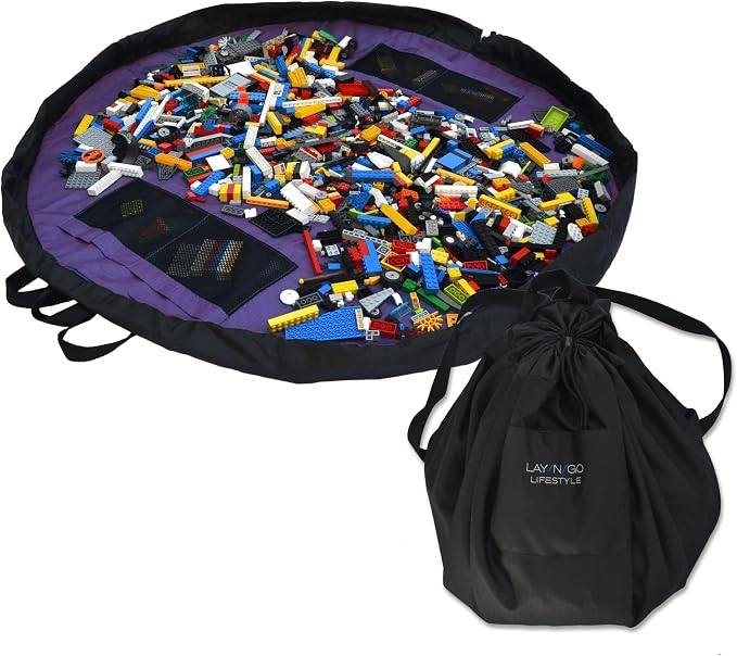 Lay-n-Go Layflat Portable Drawstring Cinch Storage Toy & Mini Figures Organizer & Play Mat, Mesh Pockets, Home & Travel, Kids & Toddlers Playdates, 2 Straps for Backpack, Durable, Machine Washable by Lay-n-Go
