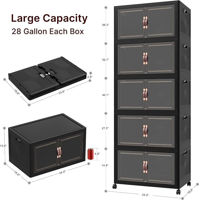 Stackable Storage Bins with Lids, 550QT Lockable Storage Cabinet | Closet Organizers, Foldable Storage Box with Doors and Wheels, Plastic Drawers for Home, Garage, Office (5, Black, Plus) - Image 2