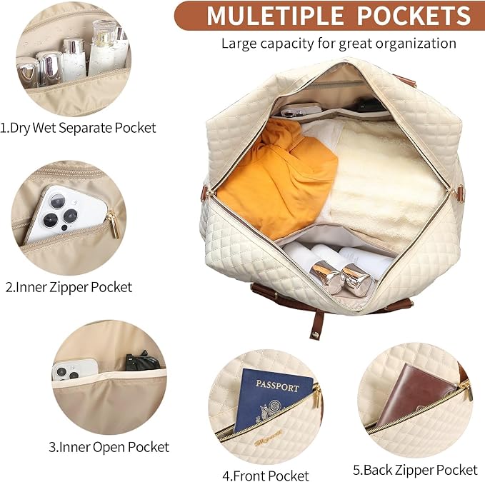 3PCS Weekender Bags for Women Large Overnight Bag, Beige | Weekender Travel Duffel Bags Carry on Shoulder with Shoe Compartment Toiletry Bag Satchel Bag for Travelling Business Gym - Image 4