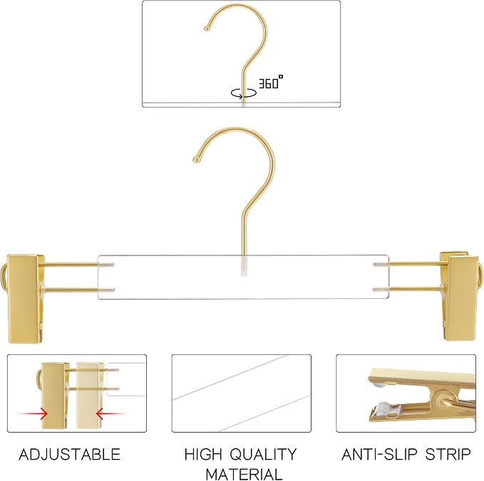 Acrylic Hangers,Clear Hangers with Gold Hooks,Luxurious Skirt Pants Hangers Gold Clips for Clothing Closet Storage 15 pcs - Image 7