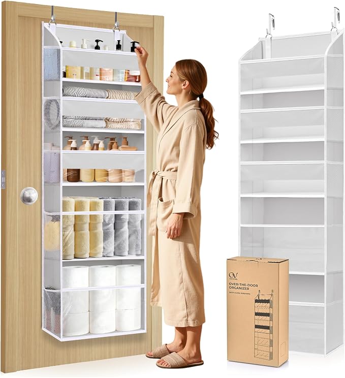 5 Tiers Over Door Organizer with 10 Mesh Side Pockets, 44 lbs Weight Capacity Hanging Storage Organizer with Clear Window Kids Toys, Shoes, Diapers, Light Gray by ORDOVIBE